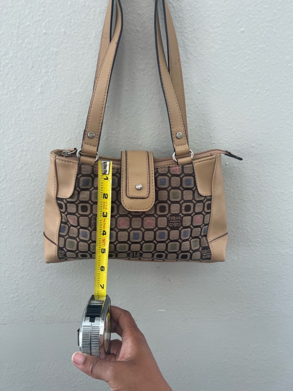 Vintage Liz & Co. Brown Geometric Shoulder Bag With Leather Look Trim Y2K - Picture 3 of 8